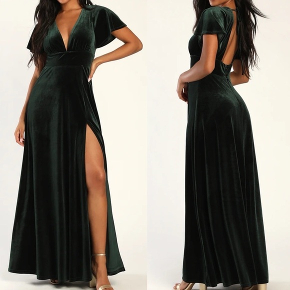 Stunning Days Emerald Green Velvet Flutter Sleeve Maxi Dress - Picture 1 of 3